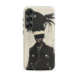Blindside - Black Trans Leather Fashion Samsung Case, Galaxy S25 Plus / Matte, Smartphone Case Stylized Artistic Figure Hat Feathers