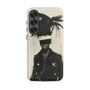 Blindside - Black Trans Leather Fashion Samsung Case, Galaxy S25 Plus / Matte, Smartphone Case Stylized Artistic Figure Hat Feathers