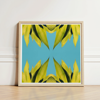 Square-framed Artwork Symmetrical Kaleidoscopic Pattern Vibrant Yellow-green Leaves Avant-garde Succulent Photography, Trippy Modern,