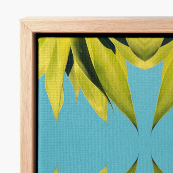 Framed Canvas Print Vibrant Yellow-green Leaves Turquoise Background Avant-garde Succulent Photography, Trippy Modern, Botany Meets Optical