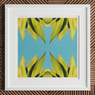 In Bloom Modern Succulent Photography Art Print, Framed Abstract Artwork Symmetrical Yellow Green Leaf Like Shapes Blue