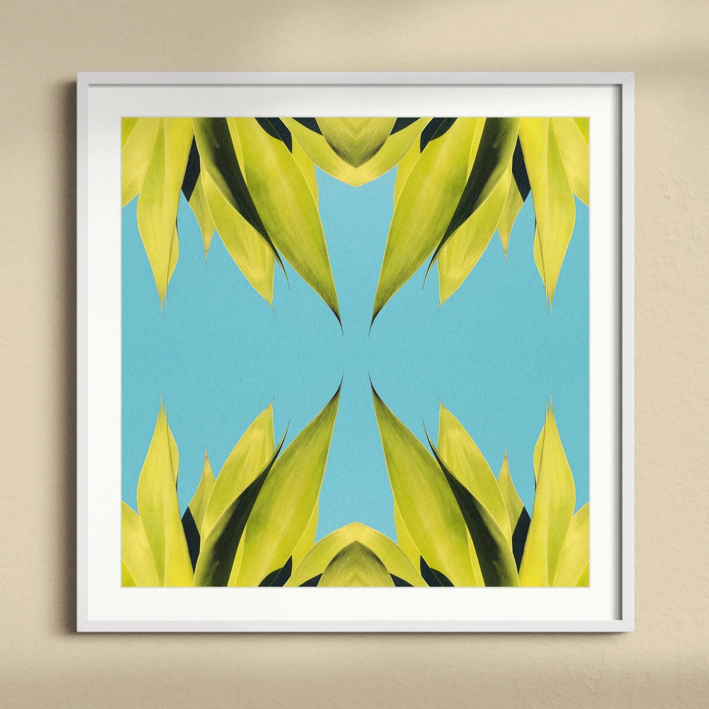 In Bloom Modern Succulent Photography Art Print, Framed Abstract Art Piece Mirrored Yellow Leaves Turquoise