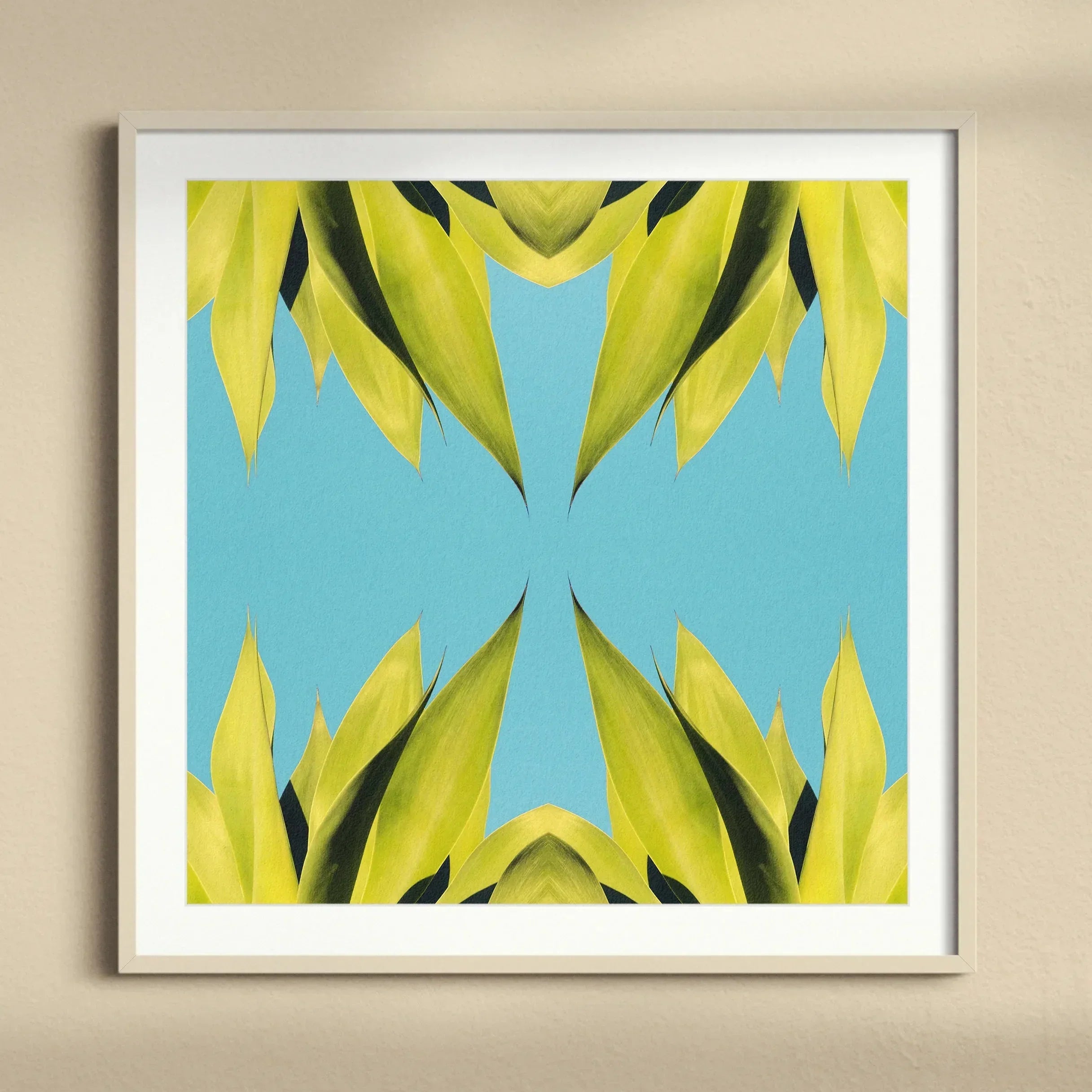 In Bloom Modern Succulent Photography Art Print, Framed Abstract Art Piece Mirrored Yellow Leaves Turquoise