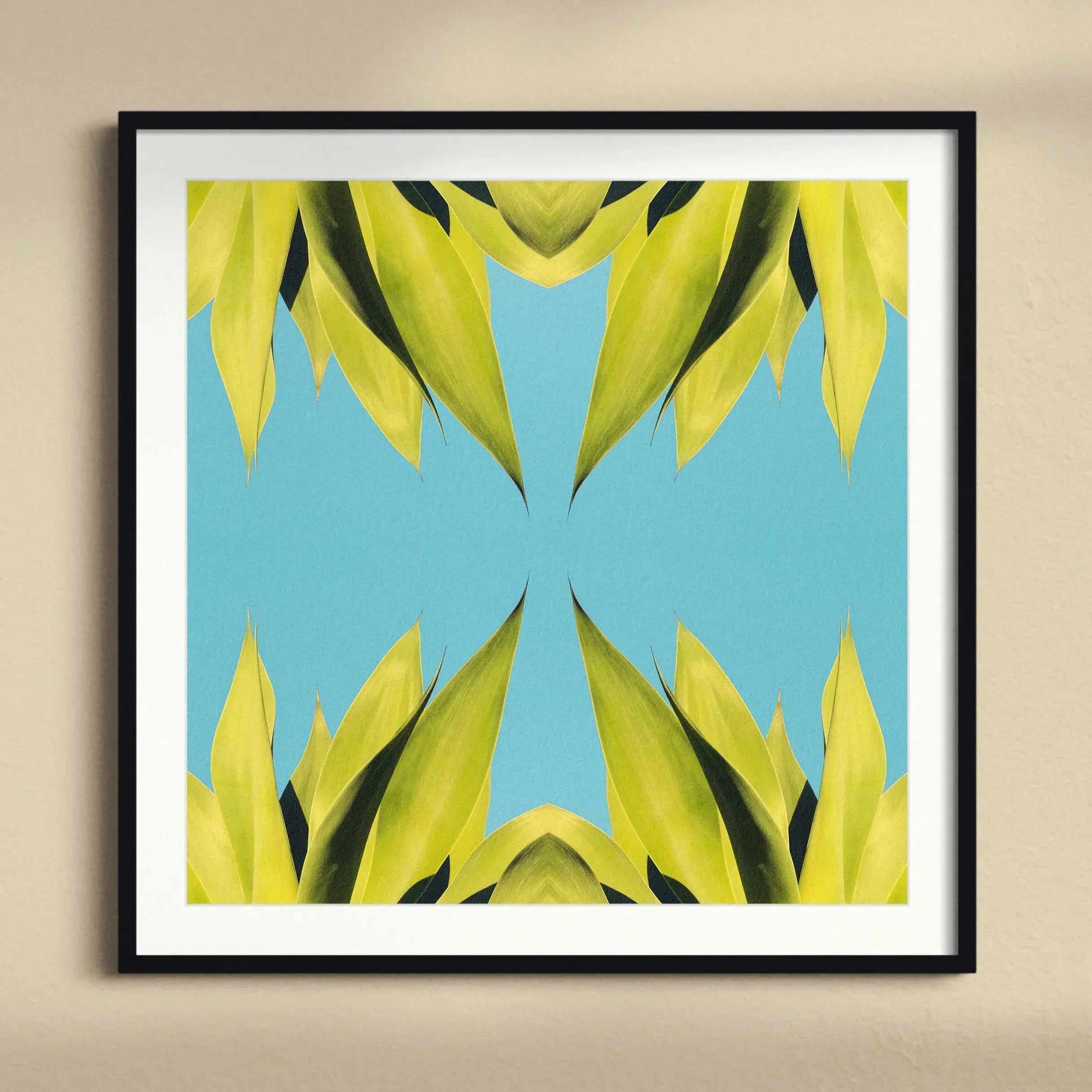 In Bloom Modern Succulent Photography Art Print, Framed Abstract Art Piece Mirrored Yellow Leaves Turquoise
