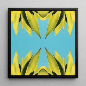 In Bloom - Trippy Succulent Art Framed Canvas, 12x12’’ / 31x31cm / Black Floating Frame, Abstract Symmetrical Pattern Yellow Leaf-like