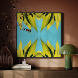 In Bloom - Trippy Succulent Art Framed Canvas, Framed Abstract Art Piece Yellow Leaf-like Shapes Turquoise