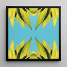 In Bloom - Trippy Succulent Art Framed Canvas, Abstract Symmetrical Pattern Yellow Leaf-like Shapes Blue Background