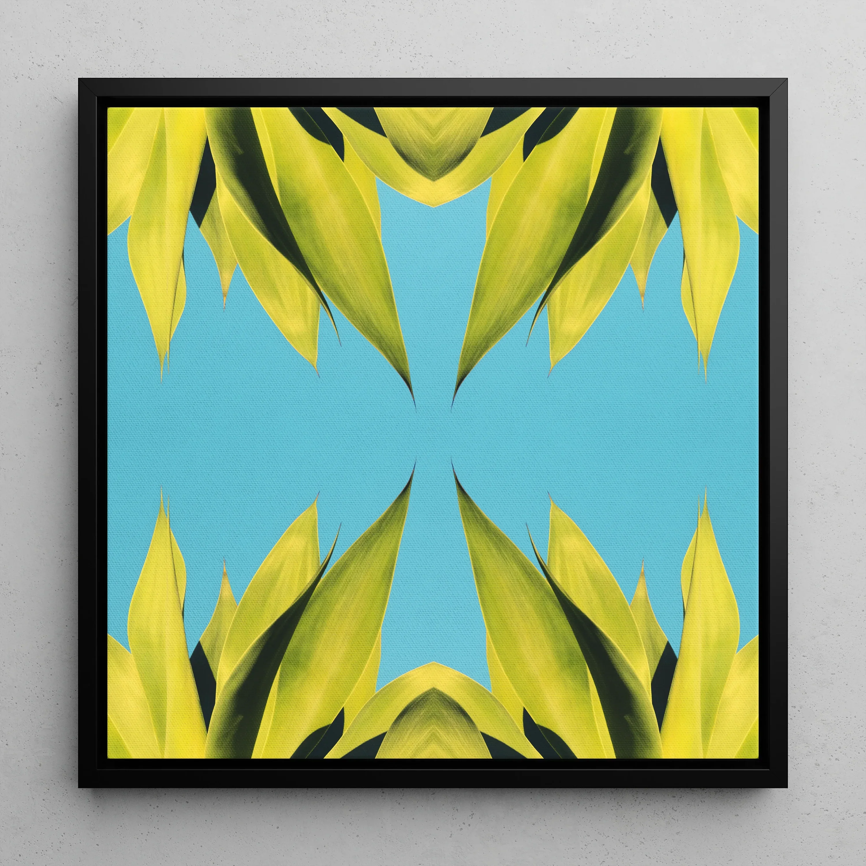 In Bloom - Trippy Succulent Art Framed Canvas, Abstract Symmetrical Pattern Yellow Leaf-like Shapes Blue Background