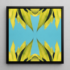 In Bloom Trippy Succulent Art Framed Canvas, Abstract Symmetrical Pattern Yellow Leaf Like Shapes Blue Background