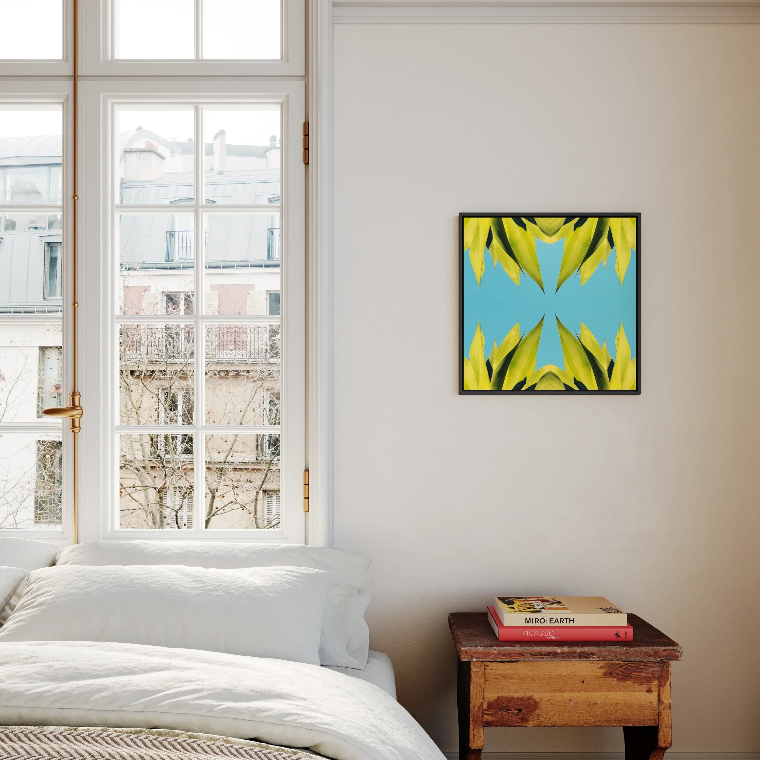 In Bloom - Trippy Succulent Art Framed Canvas, Square Framed Artwork Yellow Geometric Patterns Light Blue