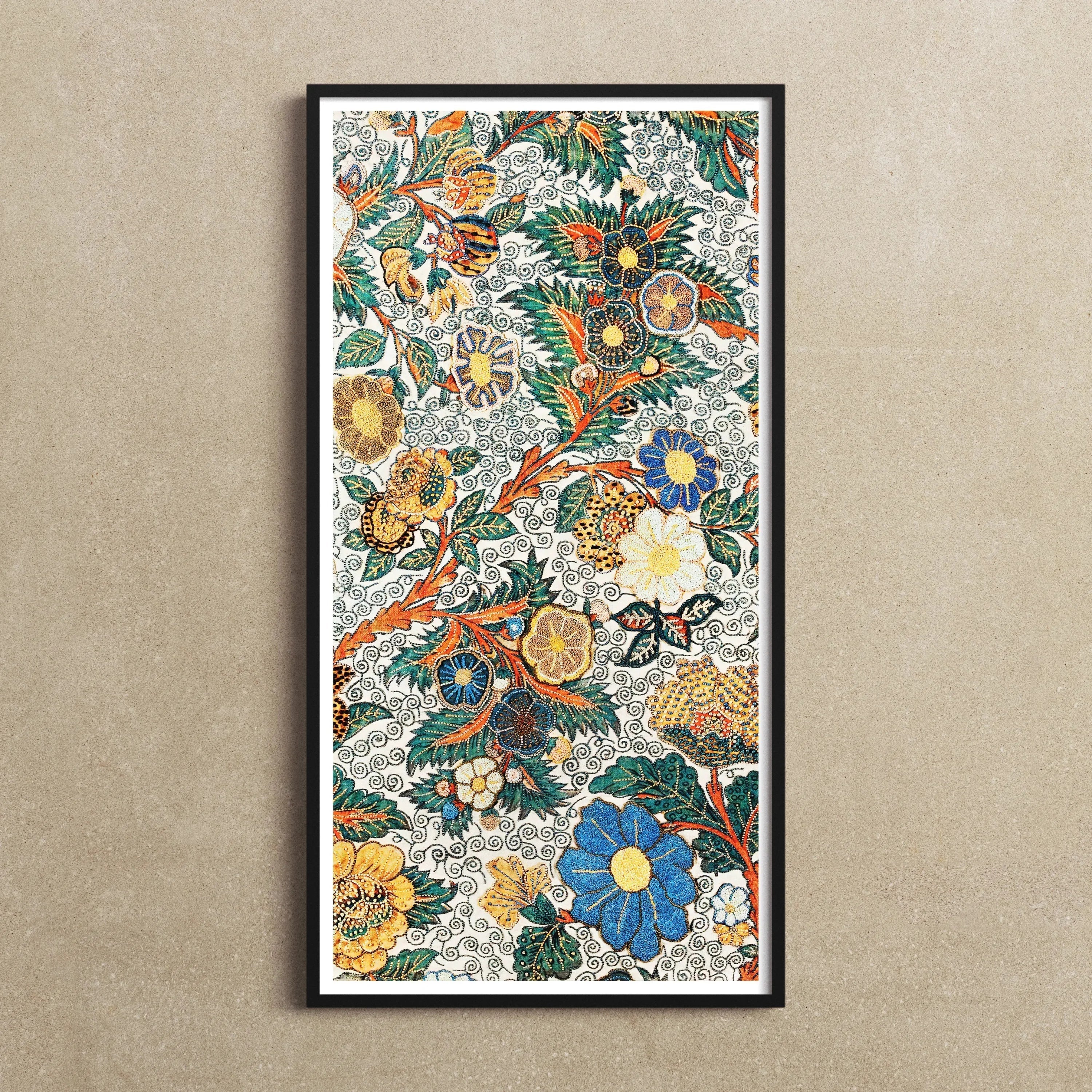 Blossomewhere Antique Japanese Tapestry Art Print, 10x20’’ / 25x51cm / Unframed, Framed Colorful Floral Print Intricate Patterns Flowers