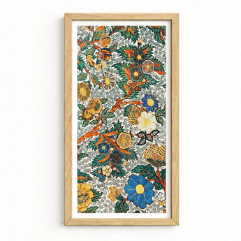 Vibrant Vertically Oriented Floral Artwork Light Wood Frame Blossomewhere Art Print, Japanese Tapestry, Antique