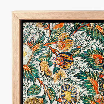Vibrant Intricately Embroidered Textile Lush Green Leaves Orange Blossomewhere Art Print, Japanese Tapestry, Antique