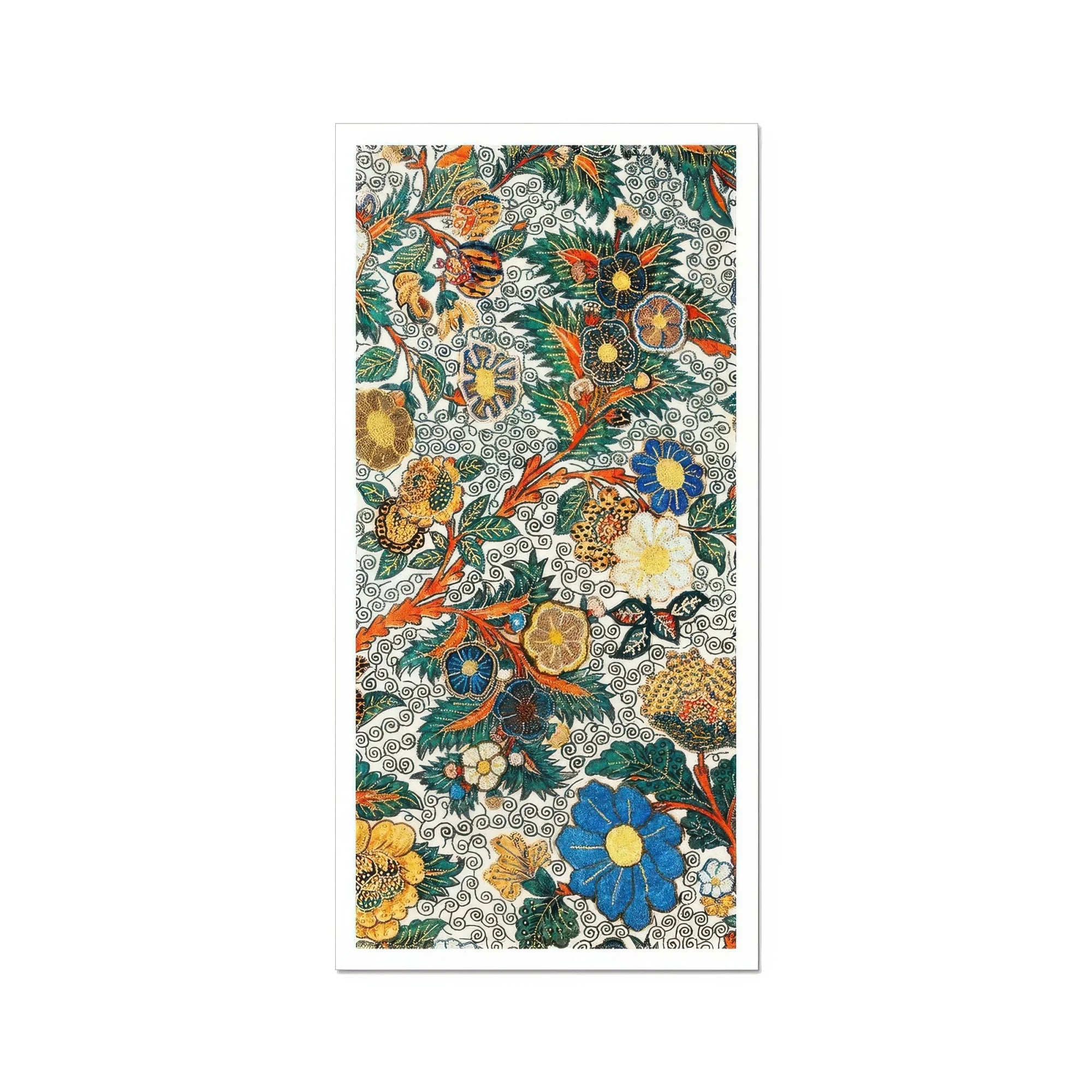 Blossomewhere - Antique Japanese Tapestry Art Print, Colorful Floral Wallpaper Pattern Blue Blooms Orange Citrus