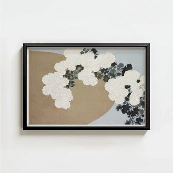 Black-framed Abstract Artwork Textured White Dark Gray Floral-like Kamisaka Sekka Art, Chrysanthemums Arches, Breath Caught Mid-season