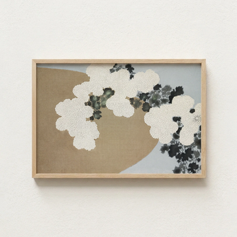 Minimalist Framed Artwork Abstract Floral Patterns White Black Kamisaka Sekka Art, Chrysanthemums Arches, Breath Caught Mid-season