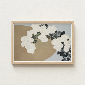 Minimalist Framed Artwork Abstract Floral Patterns White Black Kamisaka Sekka Art, Chrysanthemums Arches, Breath Caught Mid-season