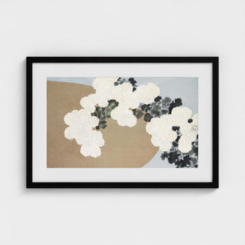 Blossoms - Kamisaka Sekka Art Print / Canvas Black-framed Artwork Abstract White Black Floral Clusters Beige, Chrysanthemums Arches, Breath