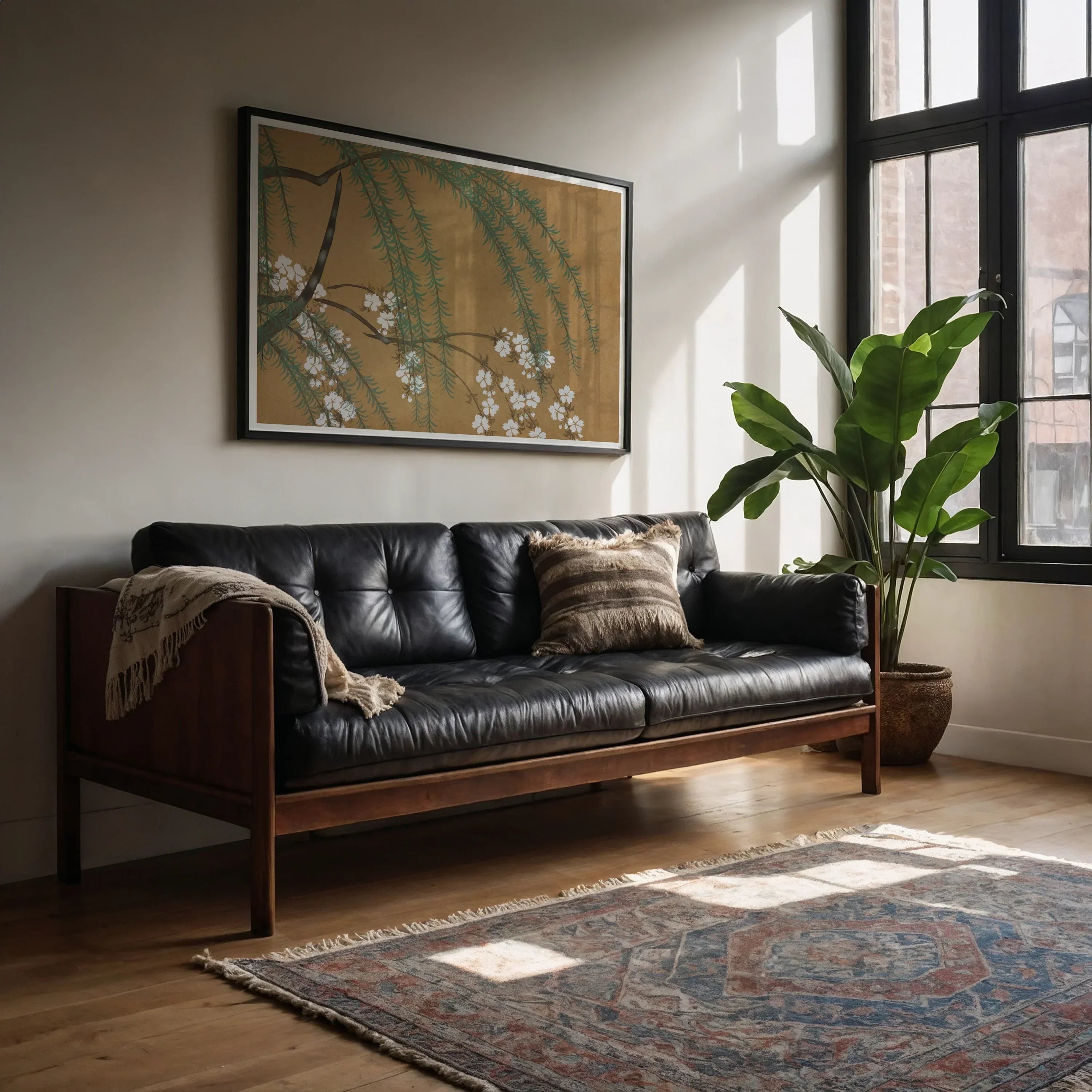 Blossoms from Momoyogusa - Kamisaka Sekka Art Print, 40’’x28’’ / Unframed, Black Leather Tufted Sofa Wooden Frame Arms