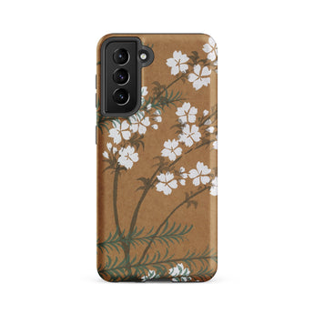 Blossoms from Momoyogusa - Kamisaka Sekka Samsung Case, Galaxy S21 Fe / Matte, Brown Smartphone Case Adorned White Floral Green Branch