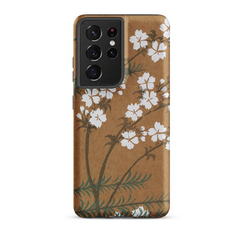 Blossoms from Momoyogusa - Kamisaka Sekka Samsung Case, Galaxy S21 Ultra / Matte, Smartphone Case Brown Background White Floral Green Branch