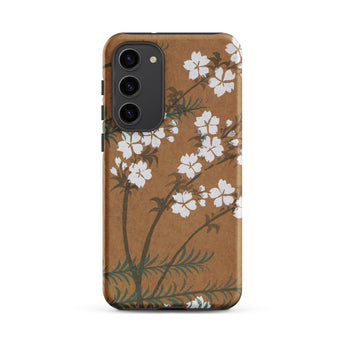 Blossoms from Momoyogusa - Kamisaka Sekka Samsung Case, Galaxy S23 Plus / Matte, Phone Case Brown Background White Floral Design