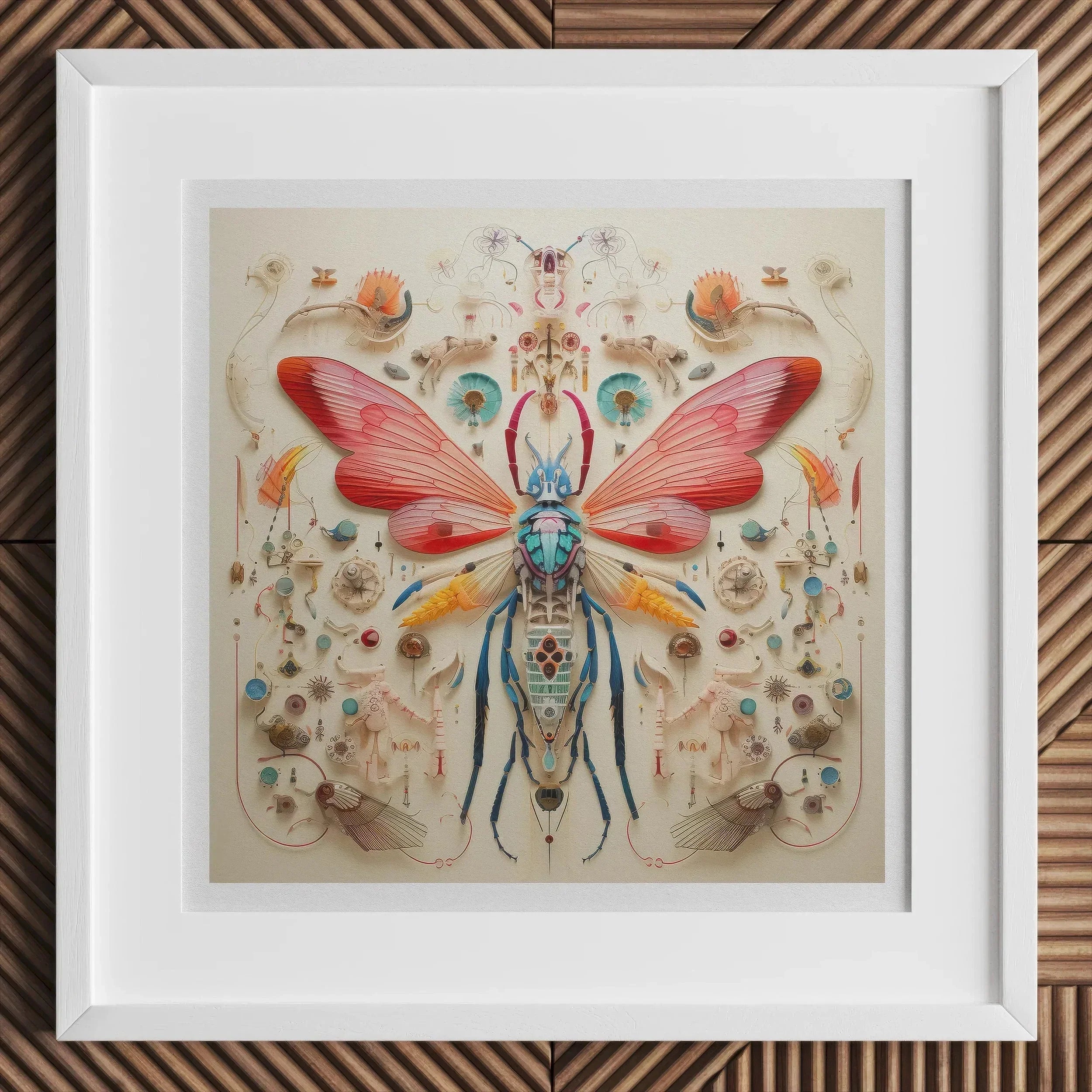 Blue Ball Damselfly - Alien Species Taxonomy Art Print, 12x12’’ / 31x31cm / White Frame, Colorful Symmetrical Insect Artwork Central