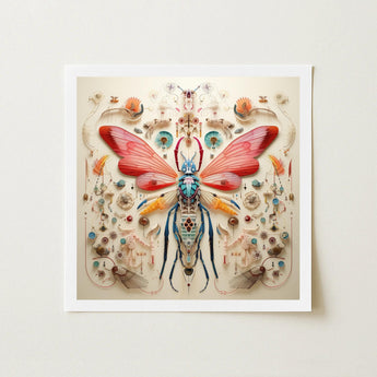 Blue Ball Damselfly - Alien Species Taxonomy Art Print / Canvas Vibrant Intricately Designed Butterfly Artwork Red Wings Turquoise-blue,