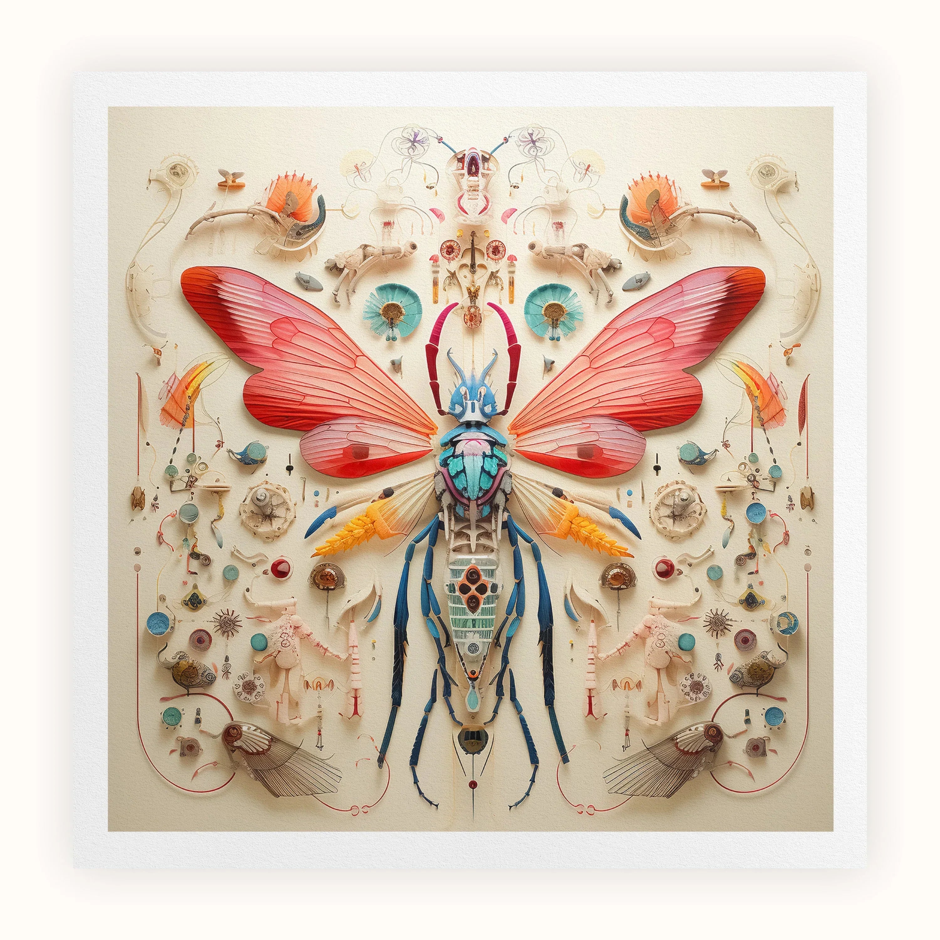 Blue Ball Damselfly - Alien Species Taxonomy Art Print, Colorful Intricately Detailed Butterfly-like Insect Composed Small Objects