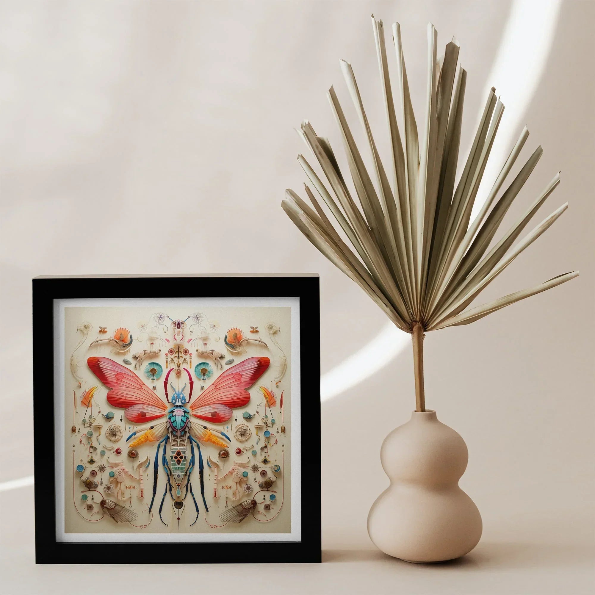 Blue Ball Damselfly - Alien Species Taxonomy Art Print, Framed Artwork Colorful Symmetrical Insect Design Alongside Vase