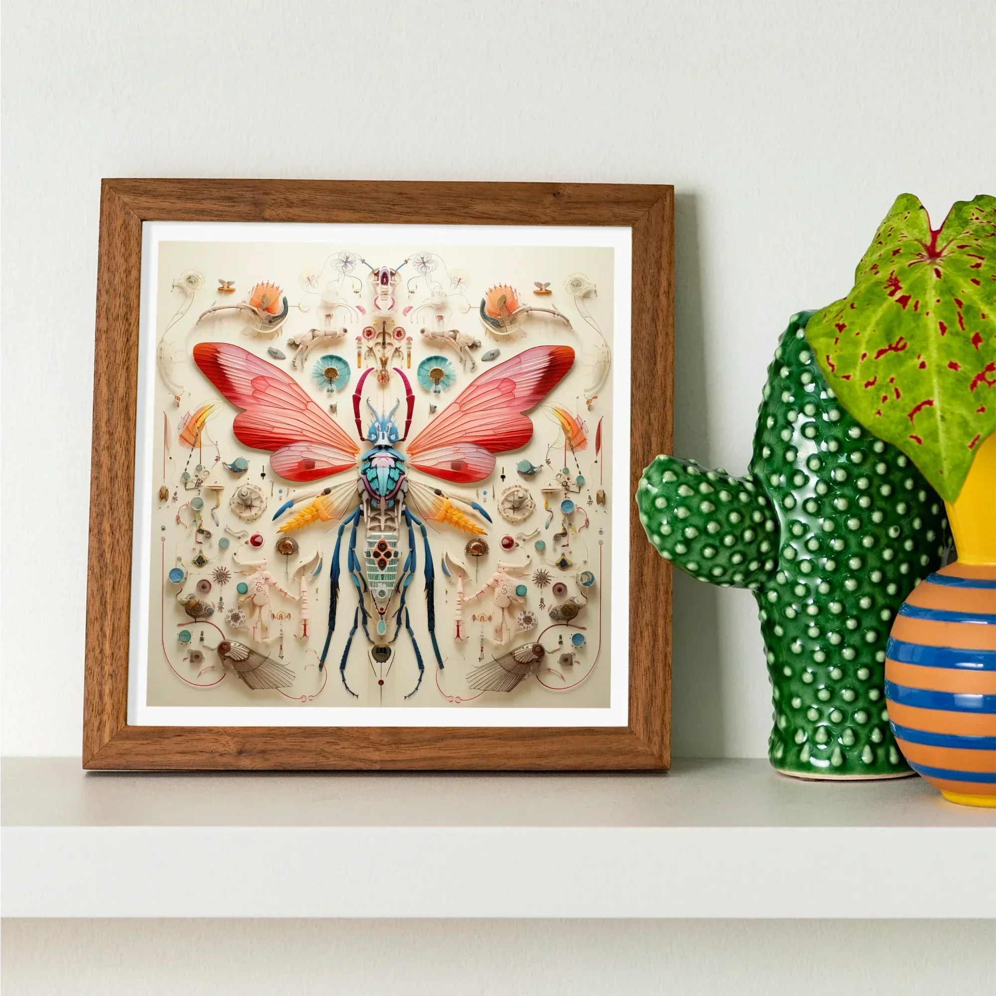Blue Ball Damselfly Alien Species Taxonomy Art Print, Framed Artwork Symmetrical Insect Illustration Red Wings Decorative
