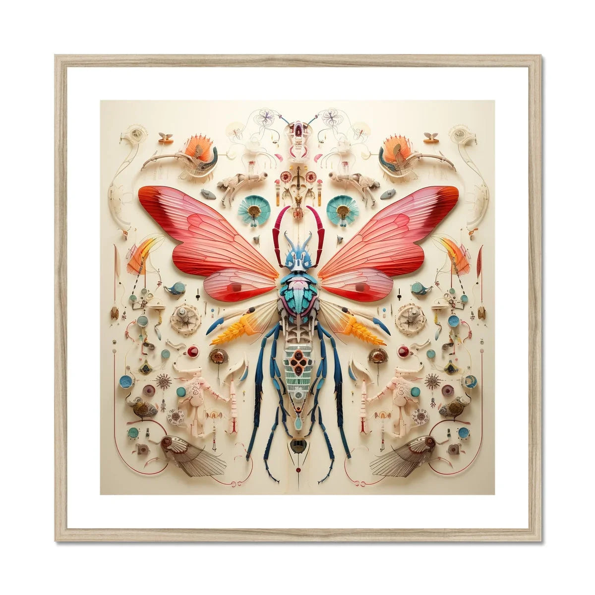 Blue Ball Damselfly Alien Species Taxonomy Art Print, Symmetrical Insect Vibrant Red Wings Blue Green Body Decorated