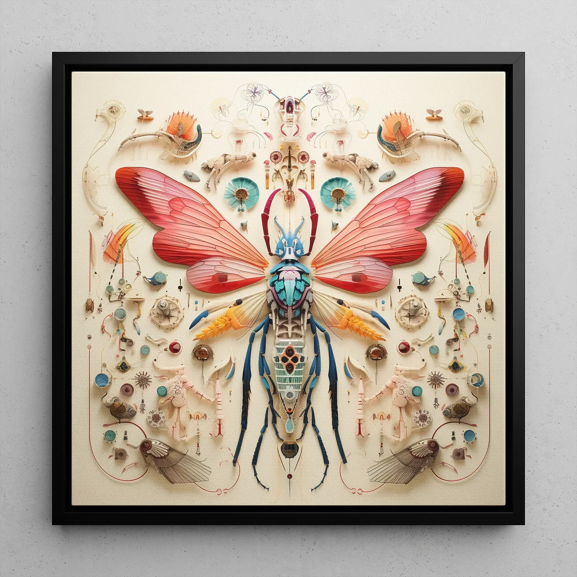 Blue Ball Damselfly Alien Species Taxonomy Framed Canvas, 12x12’’ / 31x31cm / Black Floating Frame, Framed Insect Art