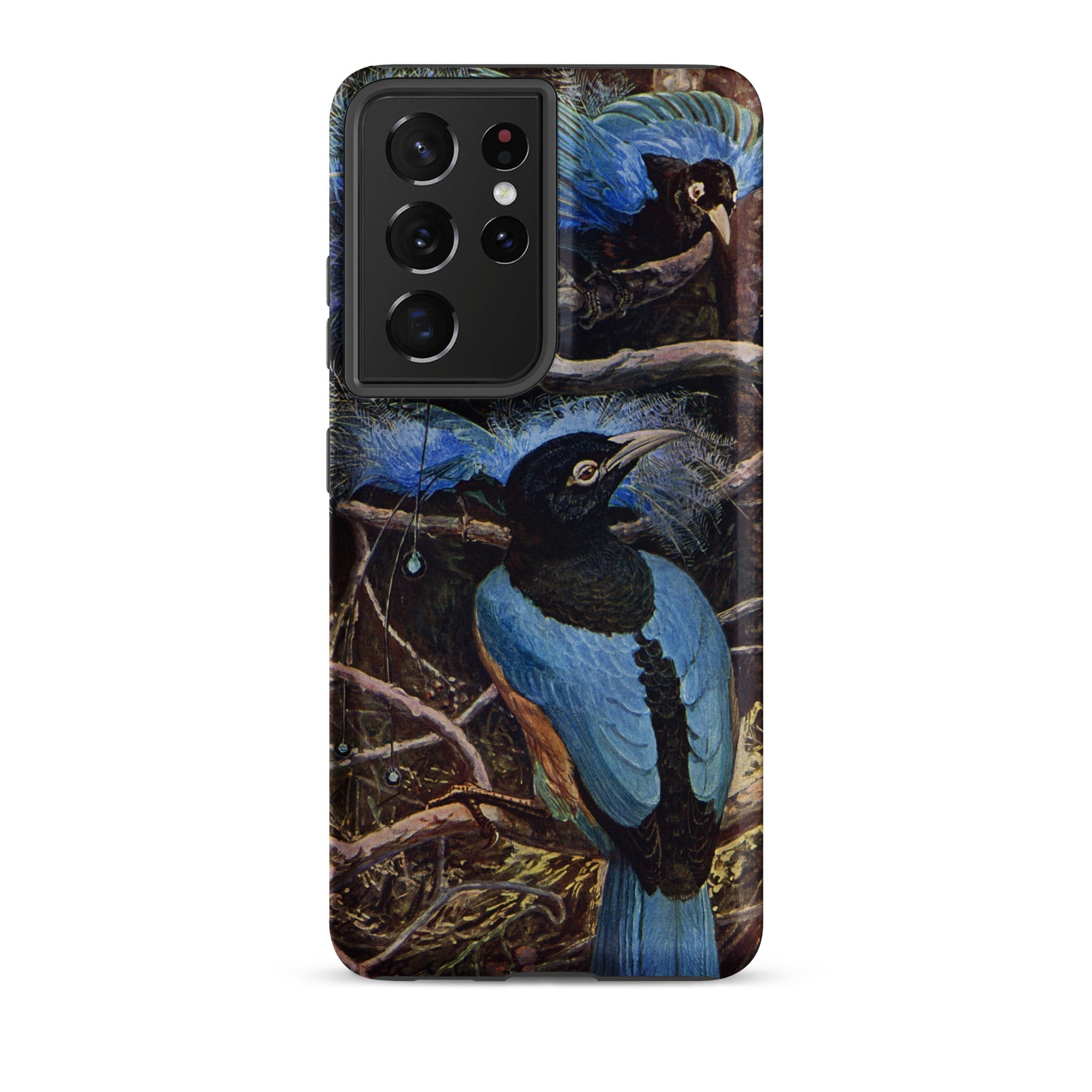 Blue Bird of Paradise Henry Johnston Samsung Case, Galaxy S21 Ultra / Matte, Smartphone Case Illustration Two Blue Black Birds Among