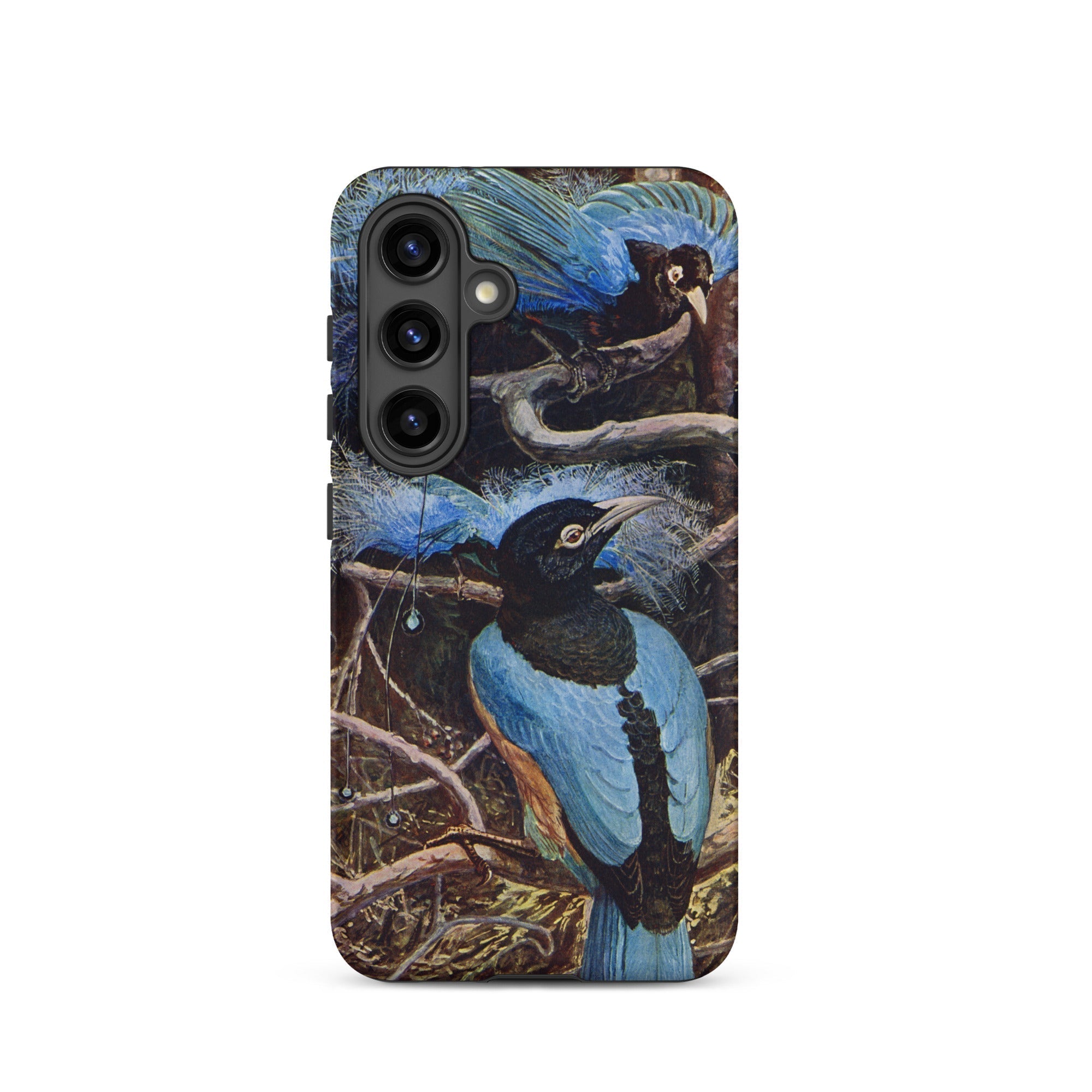 Blue Bird of Paradise Henry Johnston Samsung Case, Galaxy S24 / Matte, Smartphone Case Artistic Depiction Two Blue Plumed Birds Branch