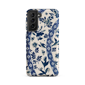 Blue Birds & Florals - Owen Jones Chinoiserie Phone Case Samsung Galaxy S21 Fe / Matte Blue Cream Floral Phone Case Delicate Birds