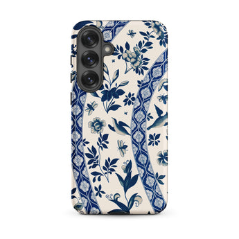 Blue Birds & Florals - Owen Jones Chinoiserie Samsung Case, Galaxy S25 Plus / Matte, White Blue Floral Patterned Smartphone Case Vertical