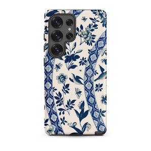Blue Birds & Florals - Owen Jones Chinoiserie Samsung Case, Galaxy S25 Ultra / Matte, Smartphone Case Blue White Floral Bird Pattern
