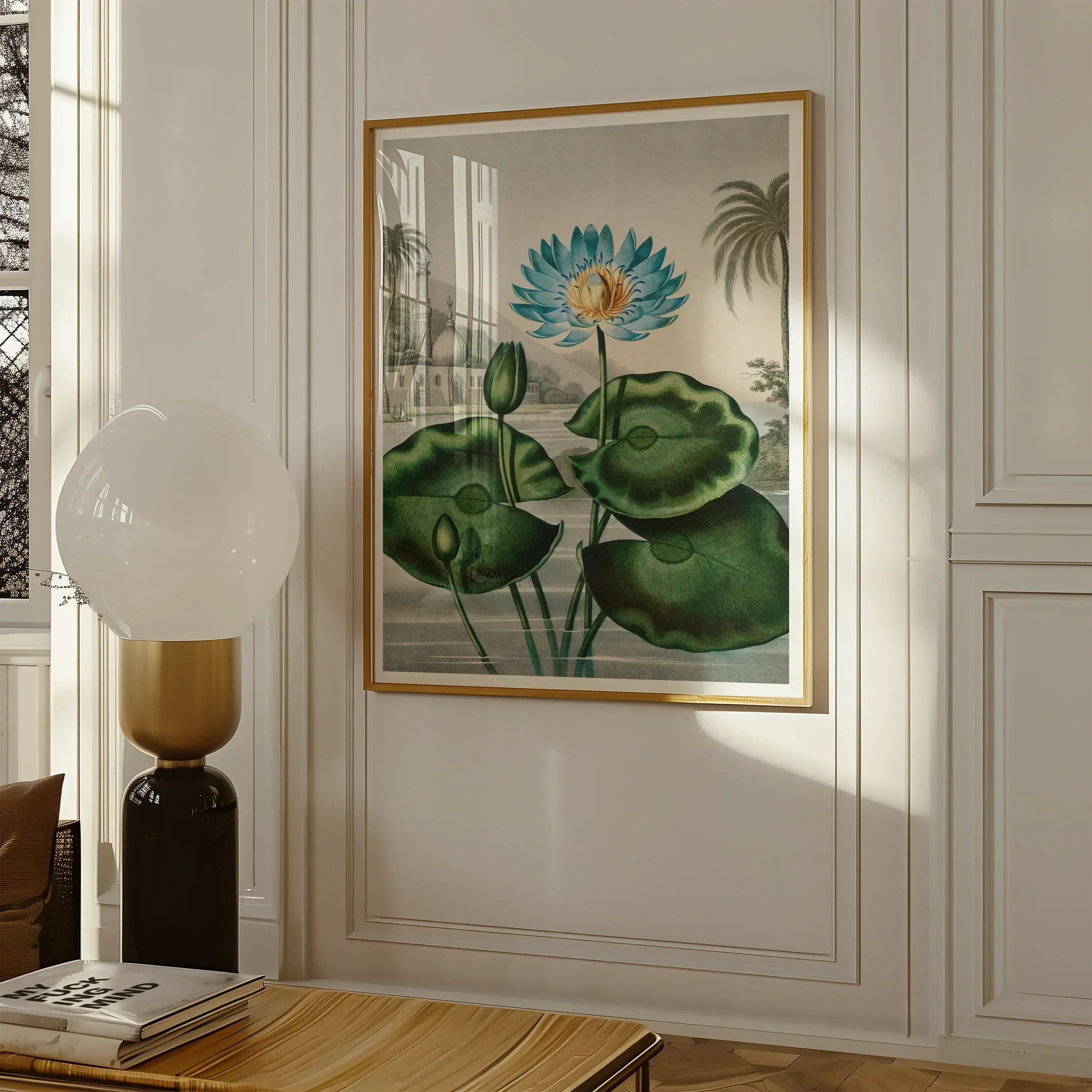 Blue Egyptian Water Lily Robert John Thornton Art Print, 40x48’’ / 101x122cm / Unframed, Framed Botanical Artwork Blue Lotus Flower Green