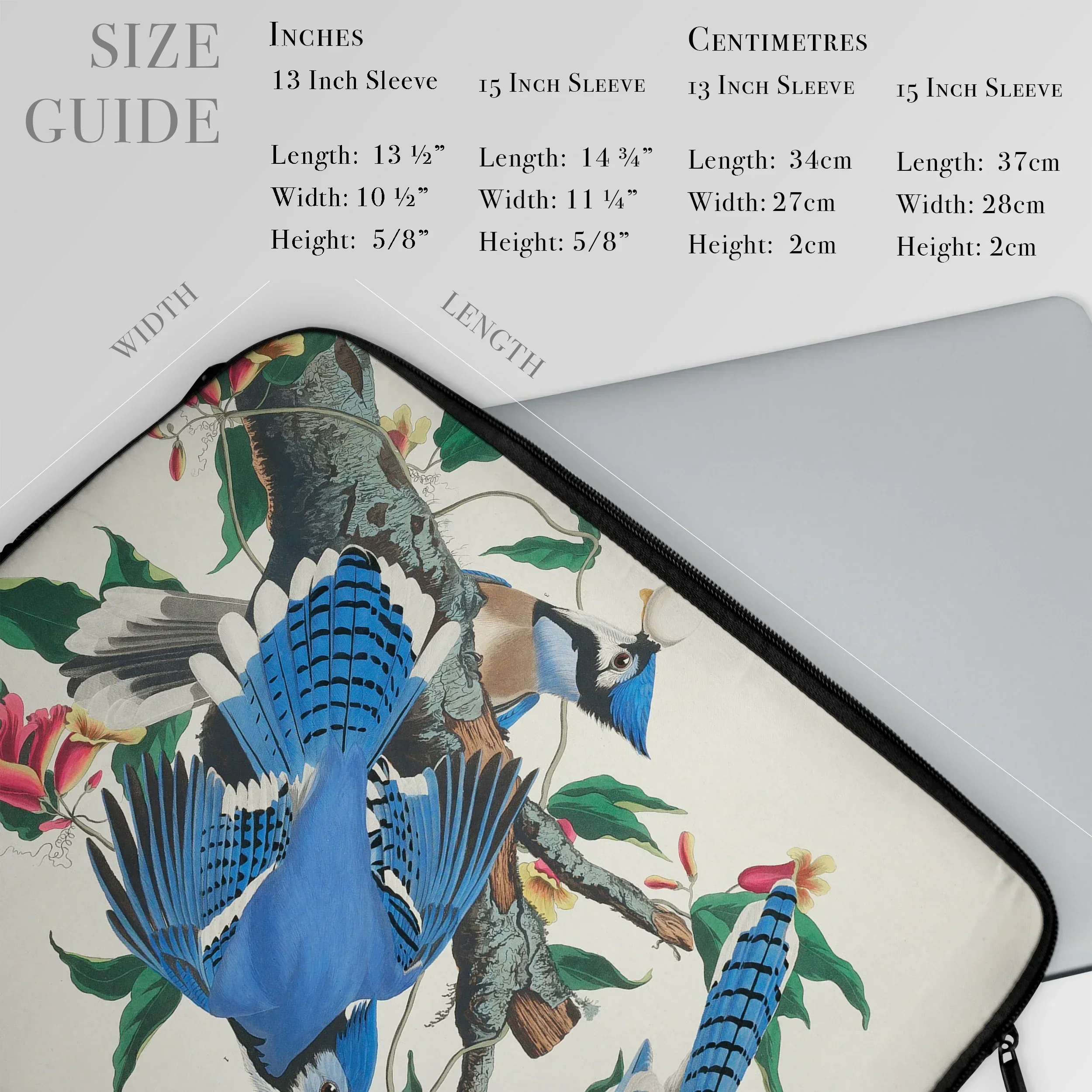 Blue Jays - John James Audubon Bird Art Laptop Sleeve, Laptop Sleeve Colorful Bird Floral Print Design