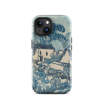 Blue Landscape with Houses - Vincent Van Gogh Phone Case Iphone 15 / Gloss Blue Beige Illustrated Phone Case Stylized Village Scene Gogh’s