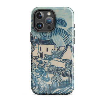 Blue Landscape with Houses - Vincent Van Gogh Phone Case Iphone 16 Pro Max / Gloss Blue Cream-colored Phone Case Stylized Landscape Design