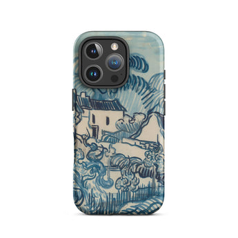 Blue Landscape with Houses - Vincent Van Gogh Phone Case Iphone 16 Pro / Matte Blue White Illustrated Phone Case Stylized Village Scene