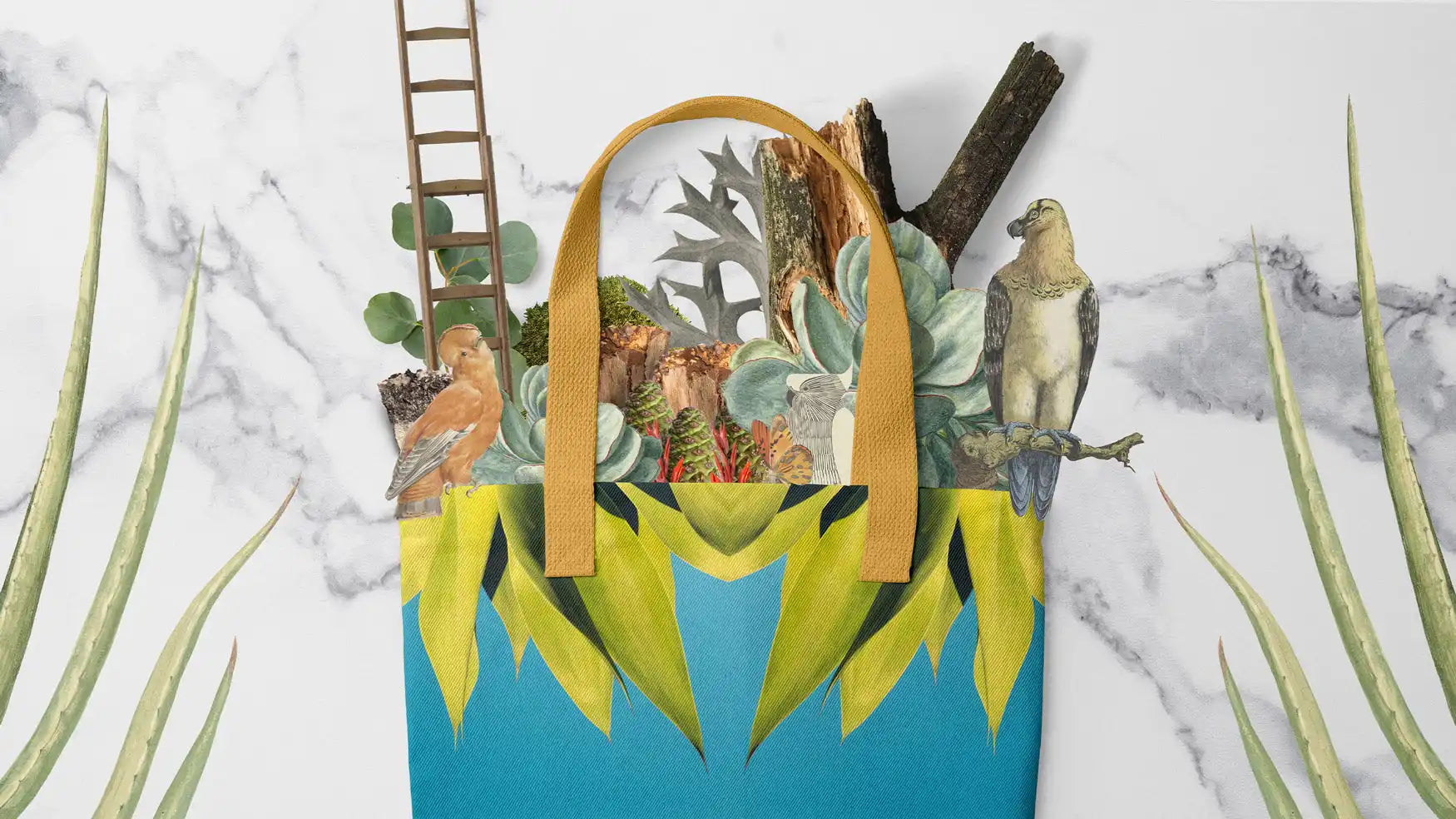 Blue paper gift bag decorated with tropical foliage and a bird perched on its rim.