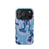 Blue and Pink Pochoir Florals - E.a. Seguy Phone Case Iphone 17 Pro / Matte Blue Floral Iphone Case Black Camera Cutouts Textured Indigo