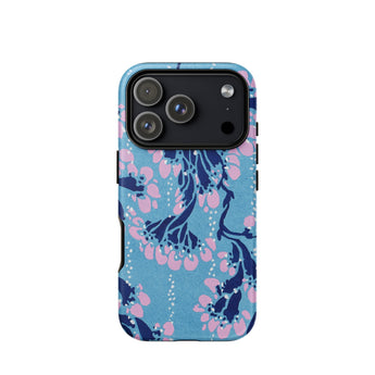 Blue and Pink Pochoir Florals - E.a. Seguy Phone Case Iphone 17 Pro / Matte Blue Floral Iphone Case Black Camera Cutouts Textured Indigo