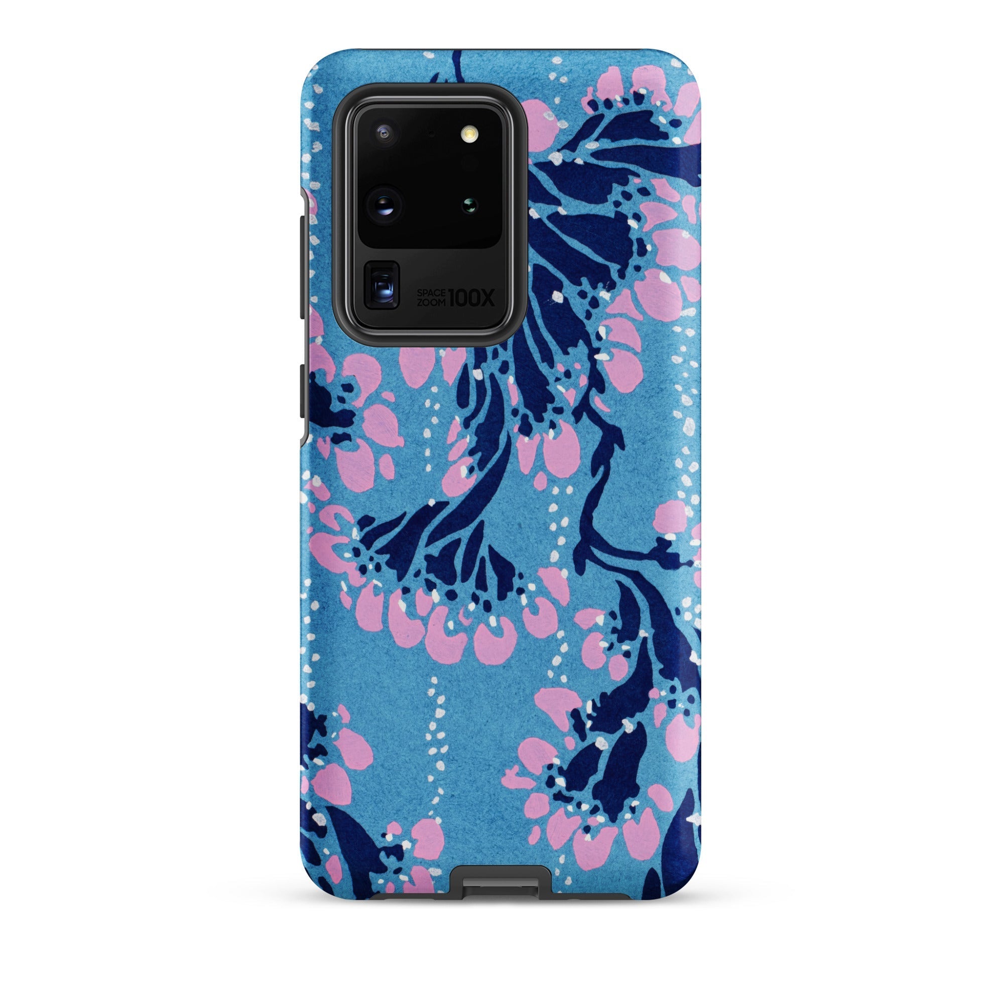 Blue and Pink Pochoir Florals E.a. Seguy Samsung Case, Galaxy S20 Ultra / Matte, Smartphone Case Blue Background Pattern Dark Branches Light