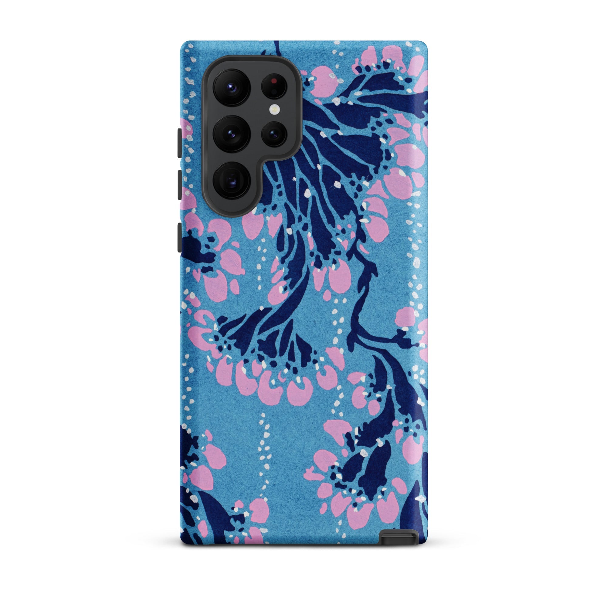 Blue and Pink Pochoir Florals E.a. Seguy Samsung Case, Galaxy S22 Ultra / Matte, Blue Smartphone Case Dark Pink Floral Pattern