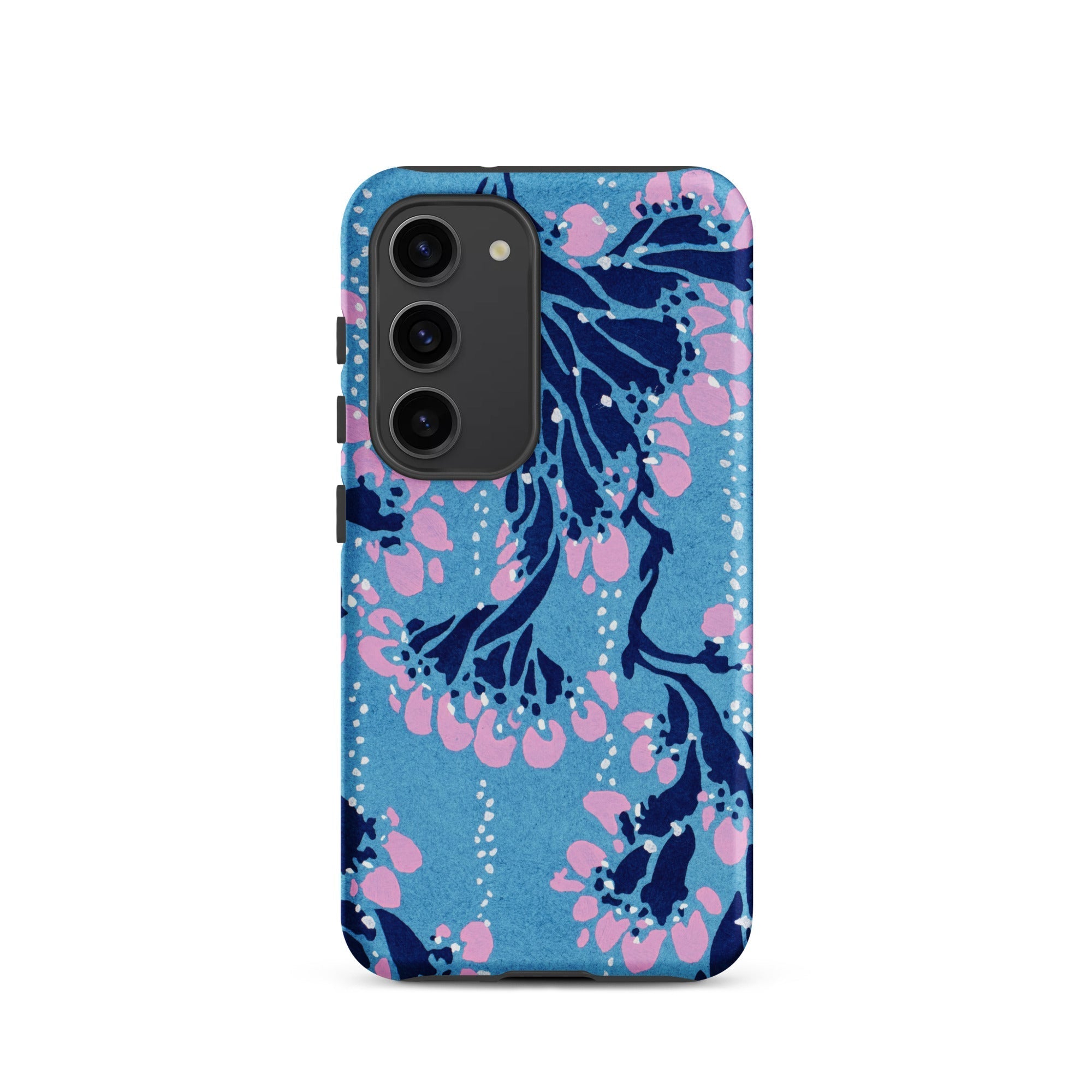 Blue and Pink Pochoir Florals E.a. Seguy Samsung Case, Galaxy S23 / Matte, Blue Smartphone Case Dark Pink Floral Pattern