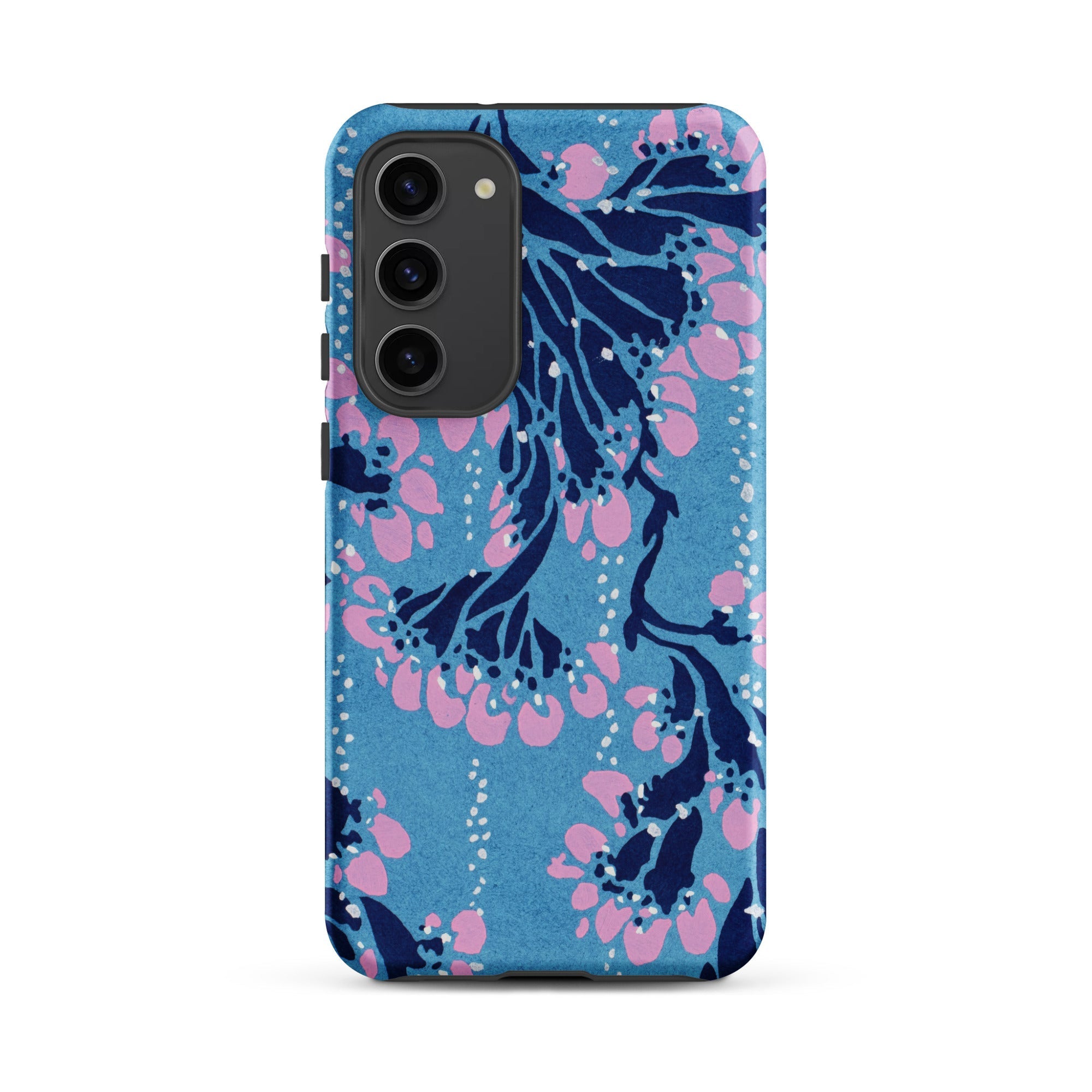 Blue and Pink Pochoir Florals E.a. Seguy Samsung Case, Galaxy S23 Plus / Matte, Blue Smartphone Case Dark Pink Floral Pattern Black